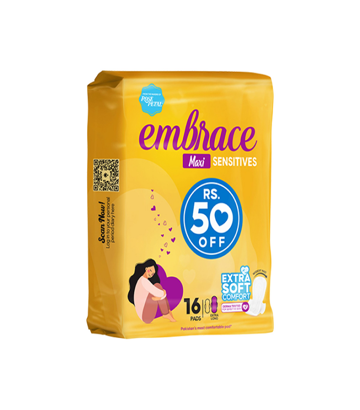 embrace pad maxi sensitives extra long 16pc