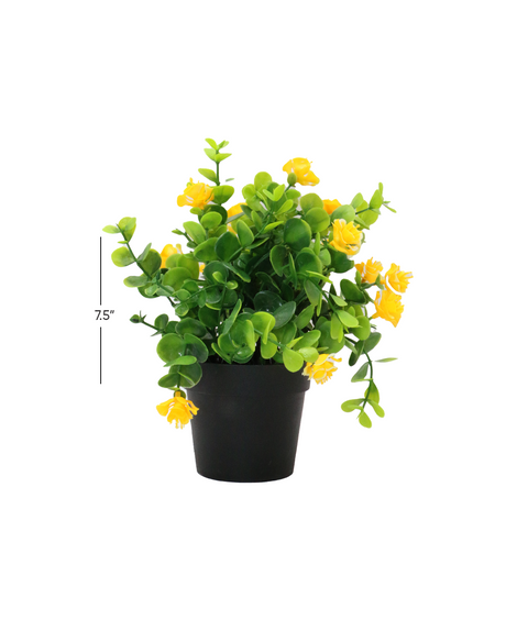 yellow flower & plastic pot 3"hx 7.5"wchina d216