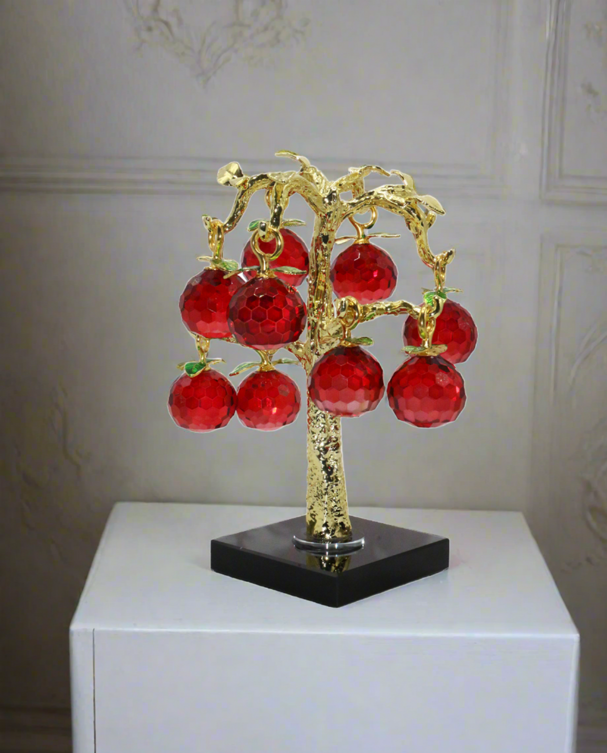 gold metallic tree & red crystal apple 9.5"x8" china 4149-5